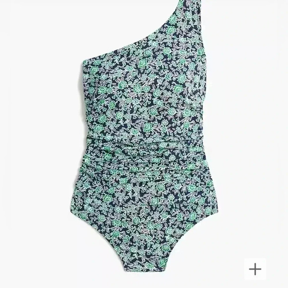 J Crew Bathing suit Green Navy Blue Floral One Shoulder Ruched NWT Size 3x - Picture 4 of 6